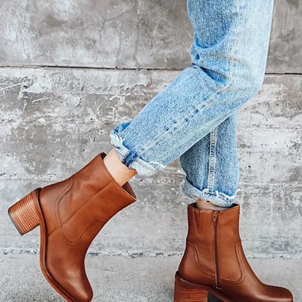 Turbulent Tan Leather Square Toe Mid-Calf Boots - Picture 1 of 13